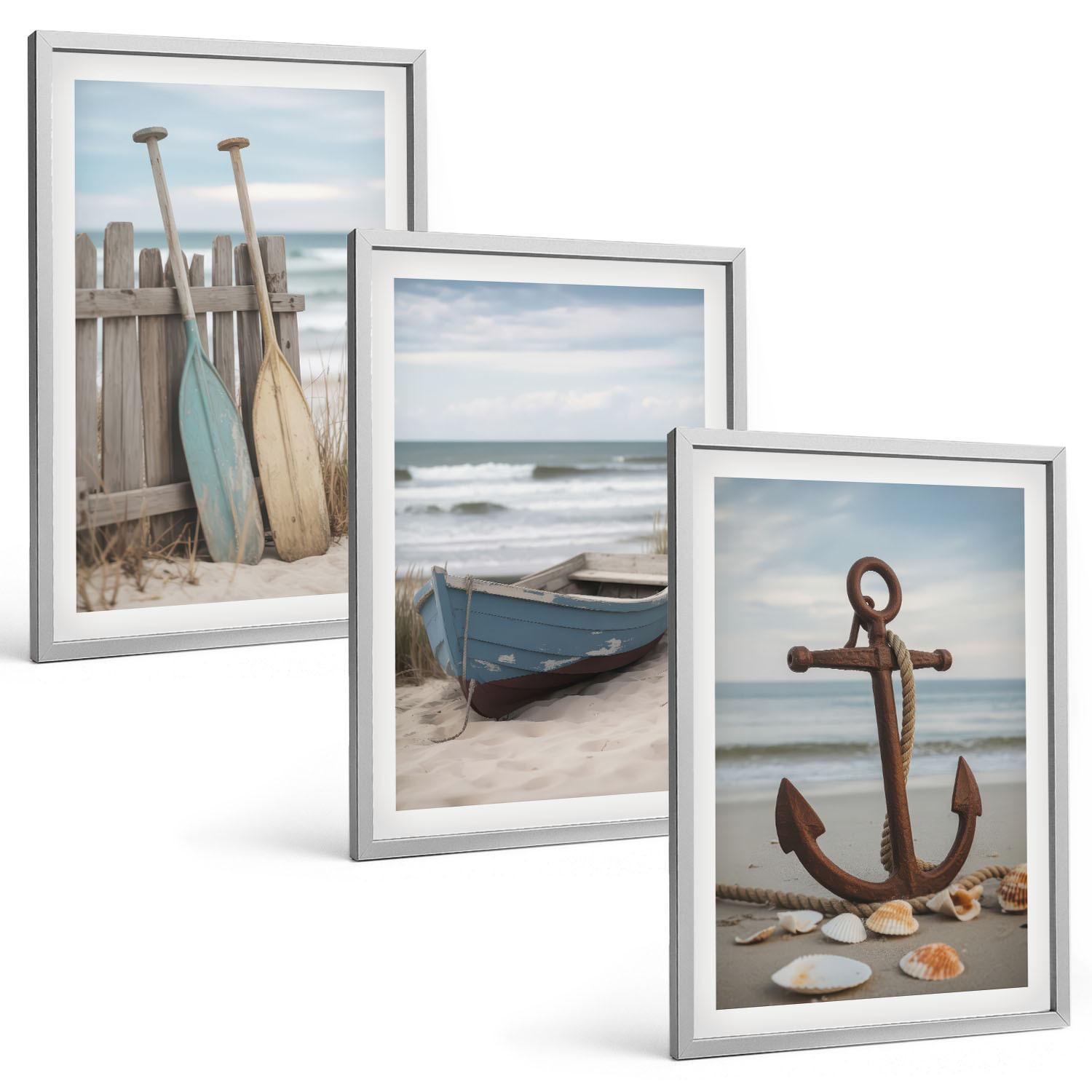 BILDER SET 3er Set - 40x60 cm Silberner Rahmen - Strandbootanker Sand - Silberfarben, Kunststoff (40/60cm) - TULUP