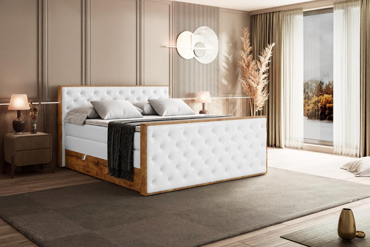 BOXSPRINGBETT mit Matratze H3|H4 und Lattenrost - LOLLI3-Z KING-200x200 - Weiß Kunstleder - Weiß, Holzwerkstoff (200/200cm) - ALTDECOR