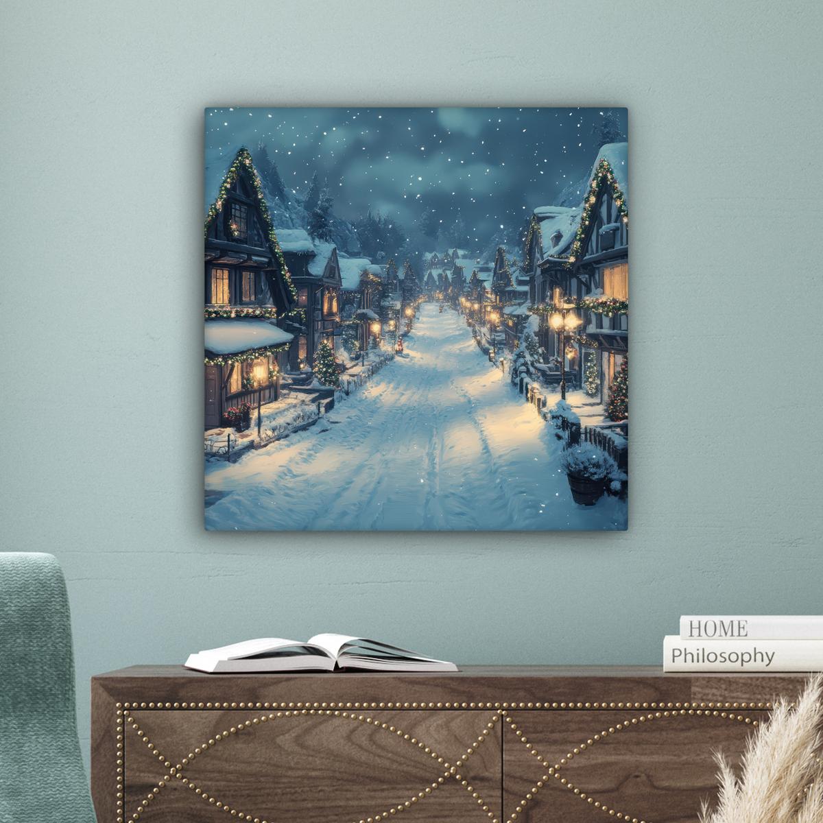 LEINWANDBILD Weihnachtsdorf - Weihnachten - Schnee - Winter Wandbild Wohnzimmer 50x50 cm - Dunkelblau, Textil (50/50cm) - MuchoWow