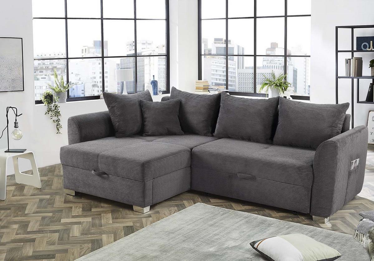 ECKSOFA mit Schlaffunktion und Bettkasten, seitenverkehrt montierbar B236/T160/H81 cm, Liegefl. 142x202 cm, Cord Dunkelgrau / 15202 - Chromfarben/Dunkelgrau, Kunststoff/Textil (236/160cm) - luma-home