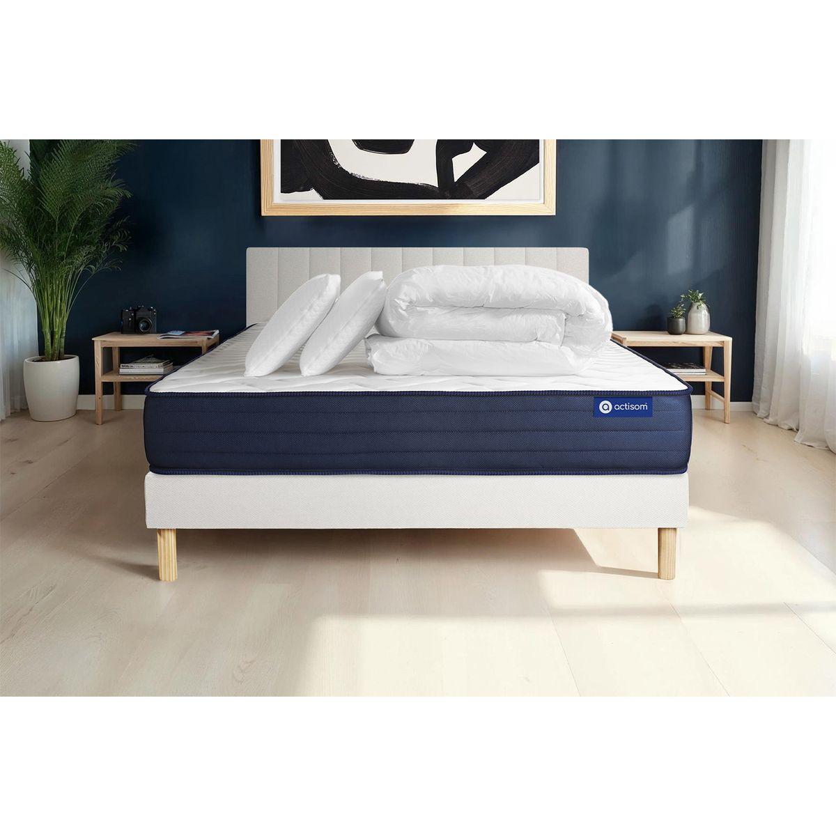 BETT Actilatex life Latex und Memory-Schaum 140 x 200 cm h4 - Kit Bettgestell Weiß - Mit Kissen und Bettdecke - Beige/Weiß, Karton/Holz (140/200cm) - ACTISOM
