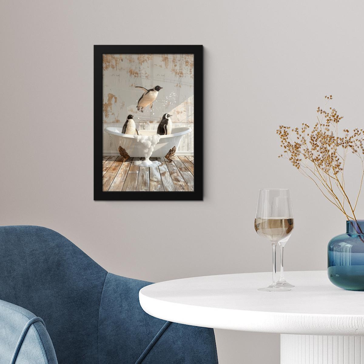 POSTER MIT RAHMEN Vintage - Pinguin - Badewanne - Schaumstoff Poster 20x30 cm - Schwarz, Papier (20/30cm) - MuchoWow