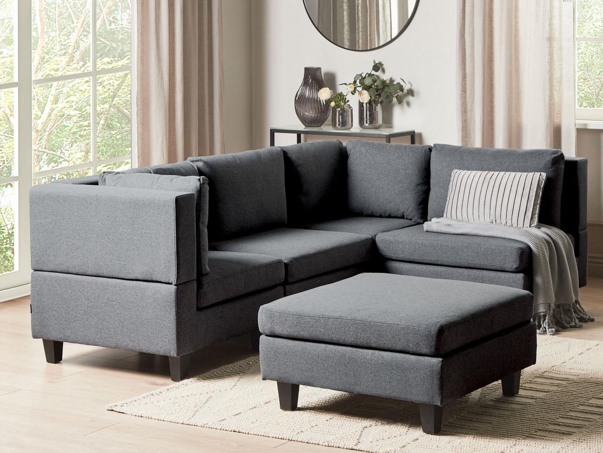 ECKSOFA Modul 4-Sitzer linksseitig Dunkelgrau Stoff mit Ottomane Unstad - Dunkelgrau/Grau, Textil (228/152cm) - Beliani
