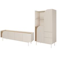 WOHNWAND Camel, Lowboard 172 cm + Bücherregal 90 cm, geriffeltem Detail, Frühlingseiche + Macadamia - Eichefarben/Beige, Holzwerkstoff/Metall (172/54/42cm) - Beautysofa