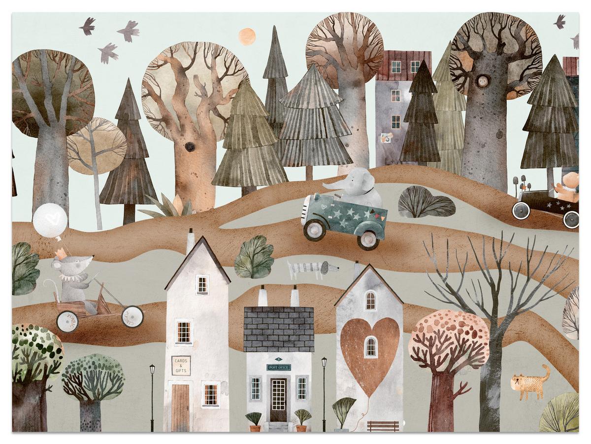 FOTOTAPETE für Kinderzimmer Fantastische Stadt Häuser Wald Tiere Autos 300x210 - Beige/Braun, Papier (300/210cm) - Muralo