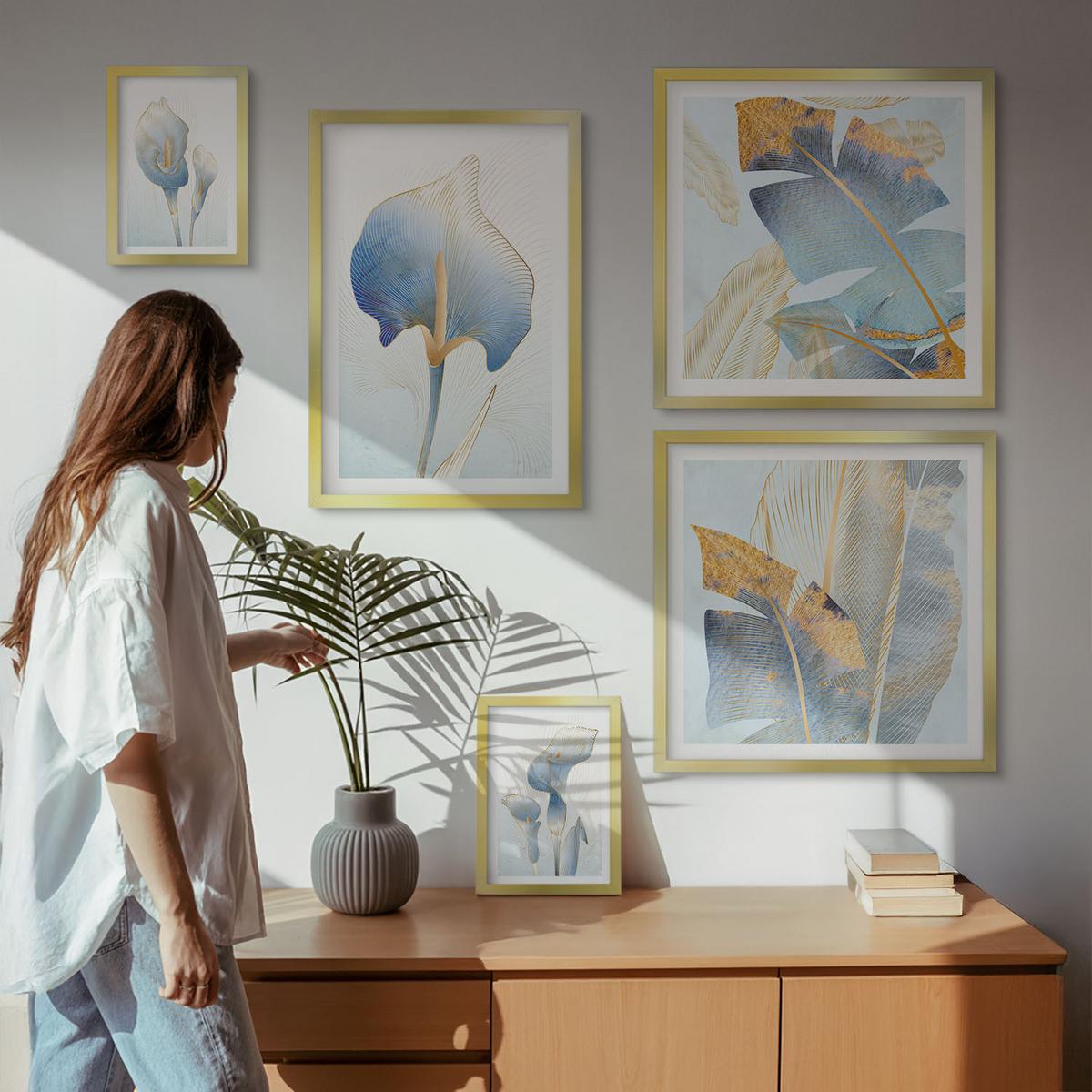 BILDER SET 5er Set - 50x50 cm & 20x30 cm & 40x60 cm Goldrahmen - Blaue Blumen im Hintergrund - Goldfarben, Kunststoff (40/60cm) - TULUP