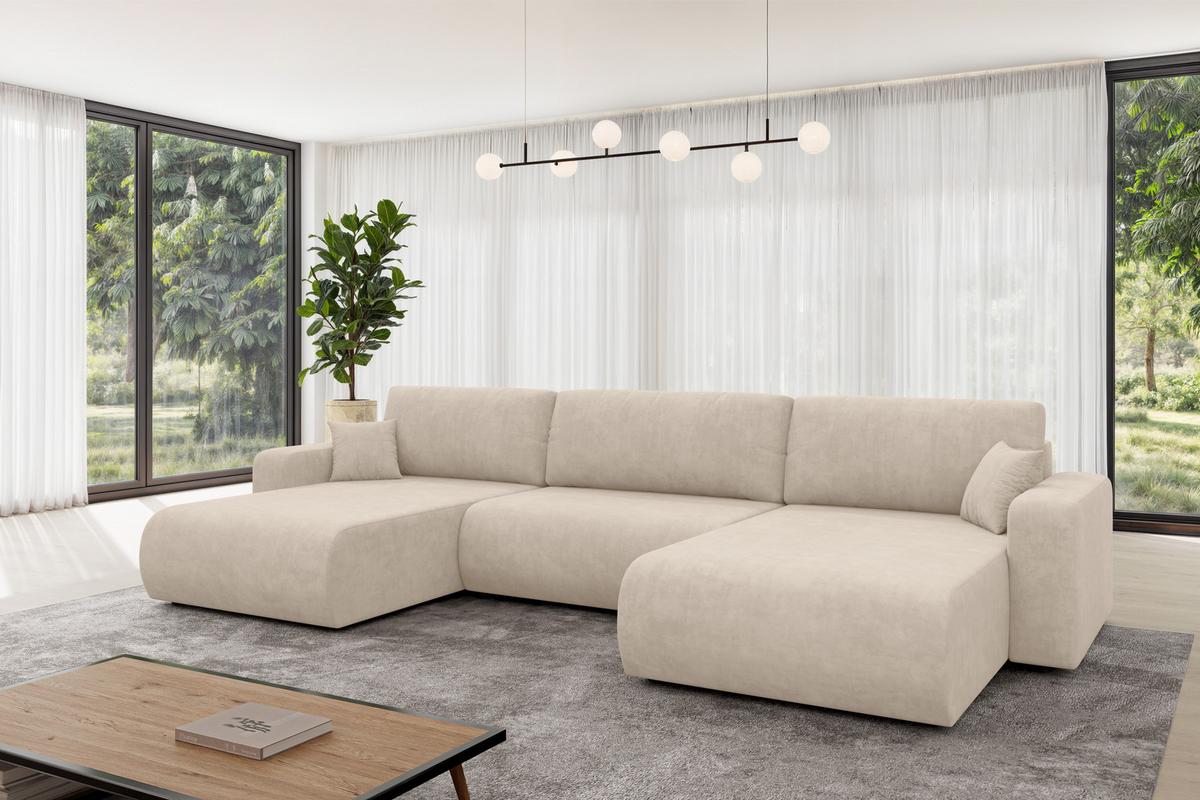 WOHNLANDSCHAFT mit Schlaffunktion und Bettkasten BERY-U 377x193x88 Beige Velours - Schwarz/Sahara, Holzwerkstoff/Kunststoff (377/88/193cm) - ALTDECOR