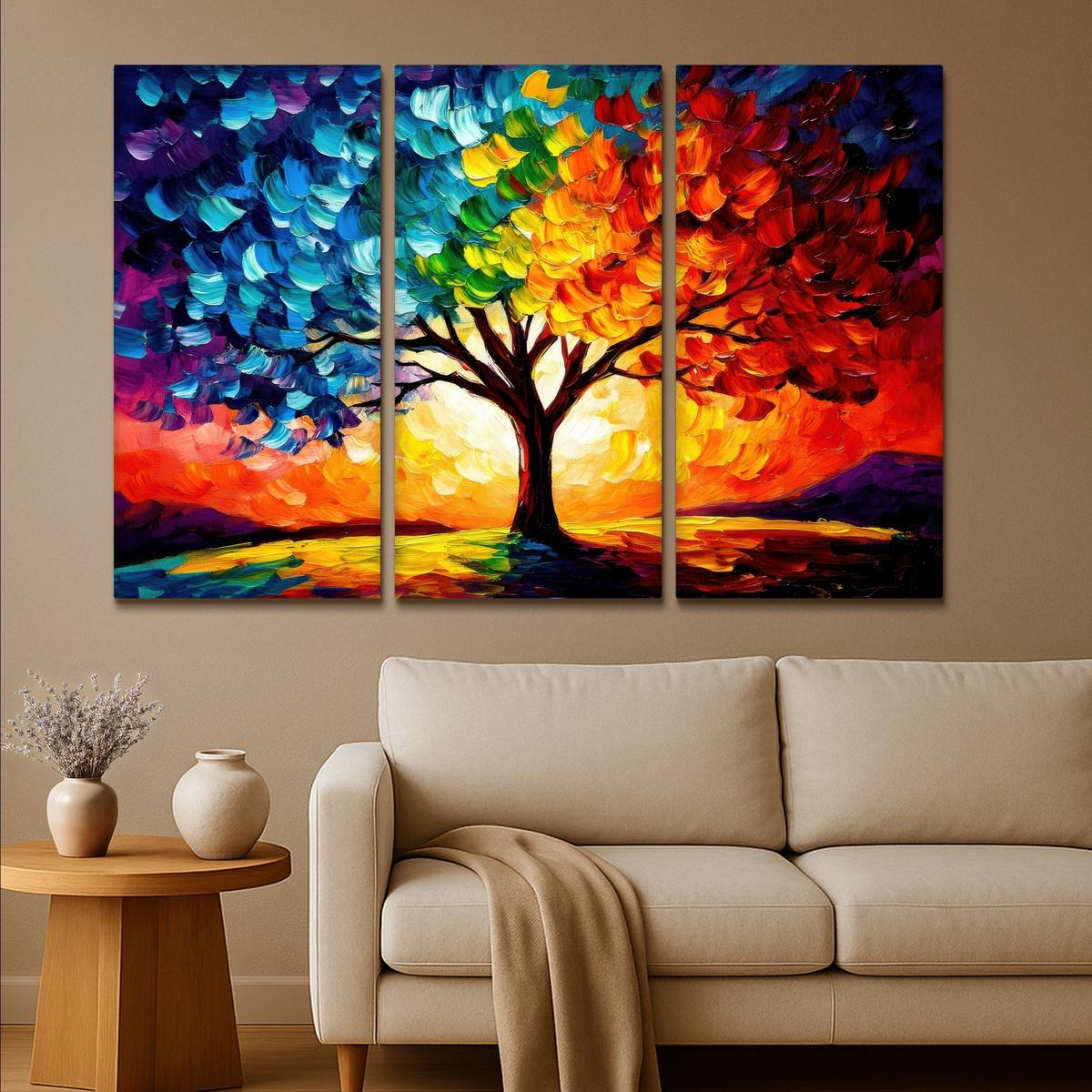 LEINWANDBILD 3er Set Baum - Farbenfroh - Malerei-Look - Abstrakt 180x120 cm - Multicolor, Textil (180/120cm) - MuchoWow