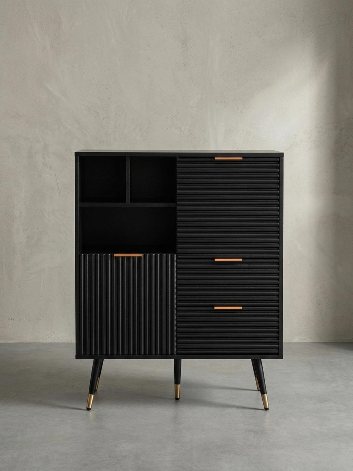 SIDEBOARD – Schwarz/Eiche-Dekor, 77x97x40 cm, mit Türen, Schubladen, Regal, Metallbeine - Goldfarben/Schwarz, Holzwerkstoff/Metall (77/97/40cm) - KADIMA DESIGN