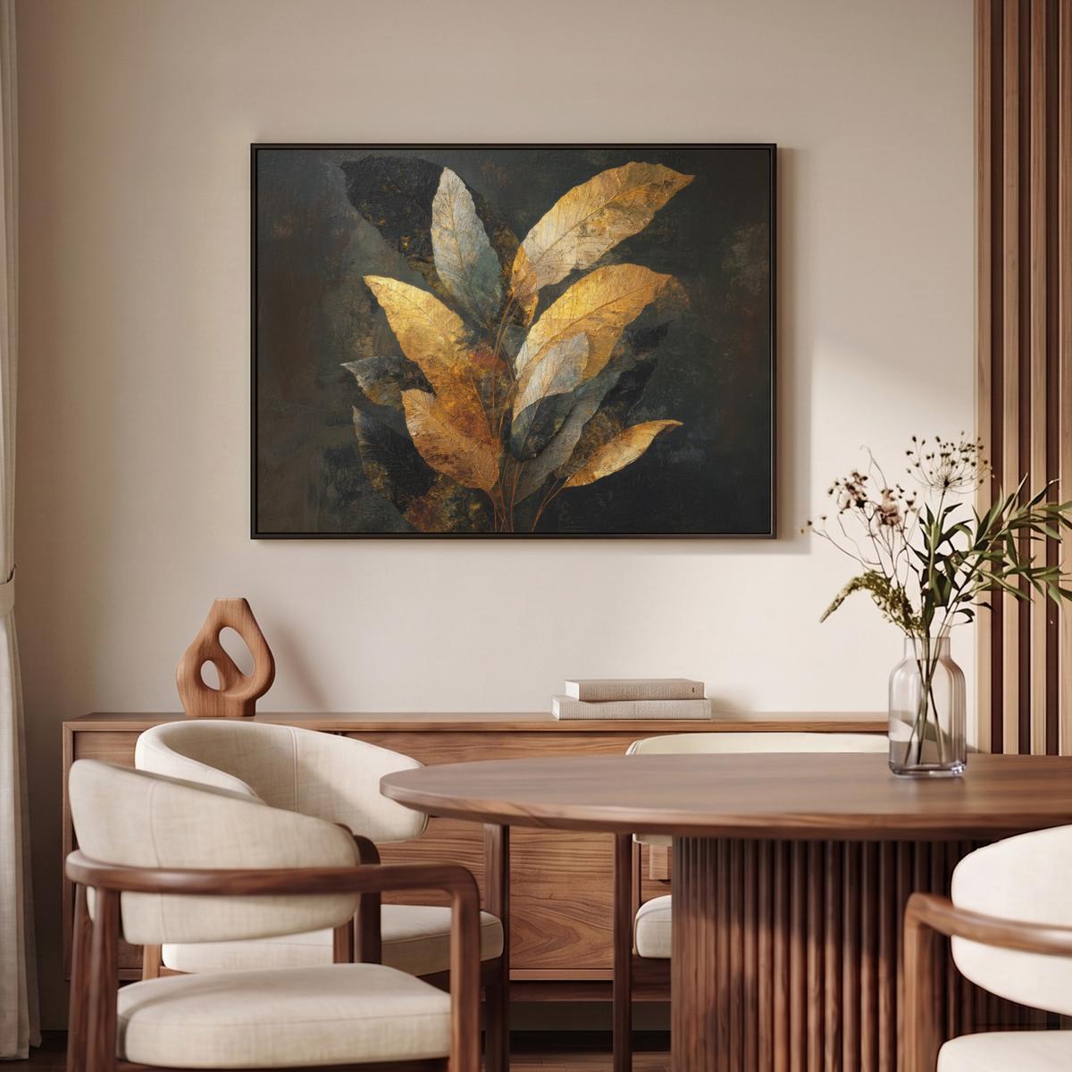 LEINWAND Bilder mit Rahmen - Golden Leaf Komposition - Botanical Luxury - 100x70 - Goldfarben, Textil (100/70cm) - MuchoWow