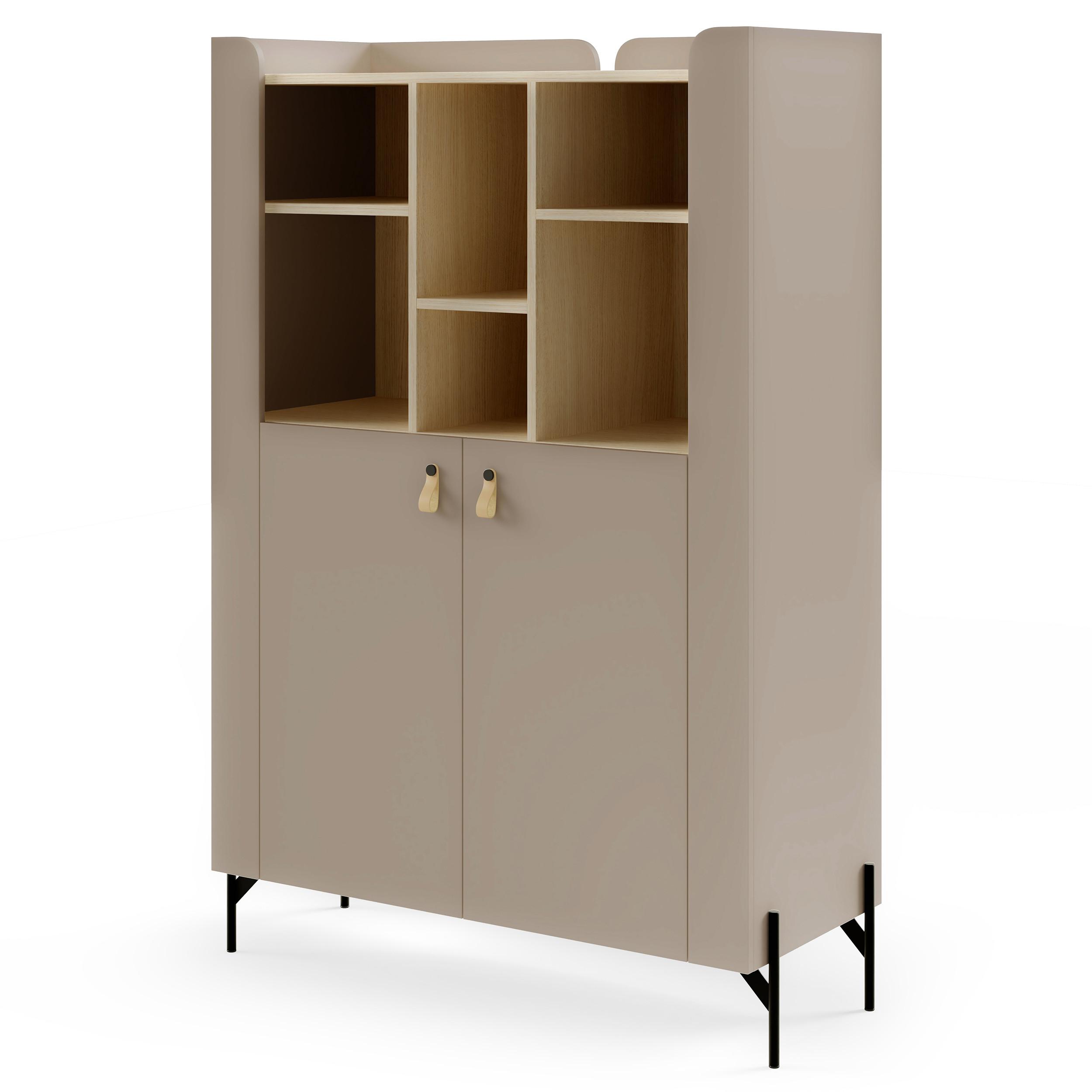 BÜCHERREGAL Sorella mit 2-türig, 3 offenen Regalböden, 100 cm, Porcini + Eiche Mavelie - Eichefarben/Cappuccino, Leder/Holzwerkstoff (100/151/51cm) - Beautysofa