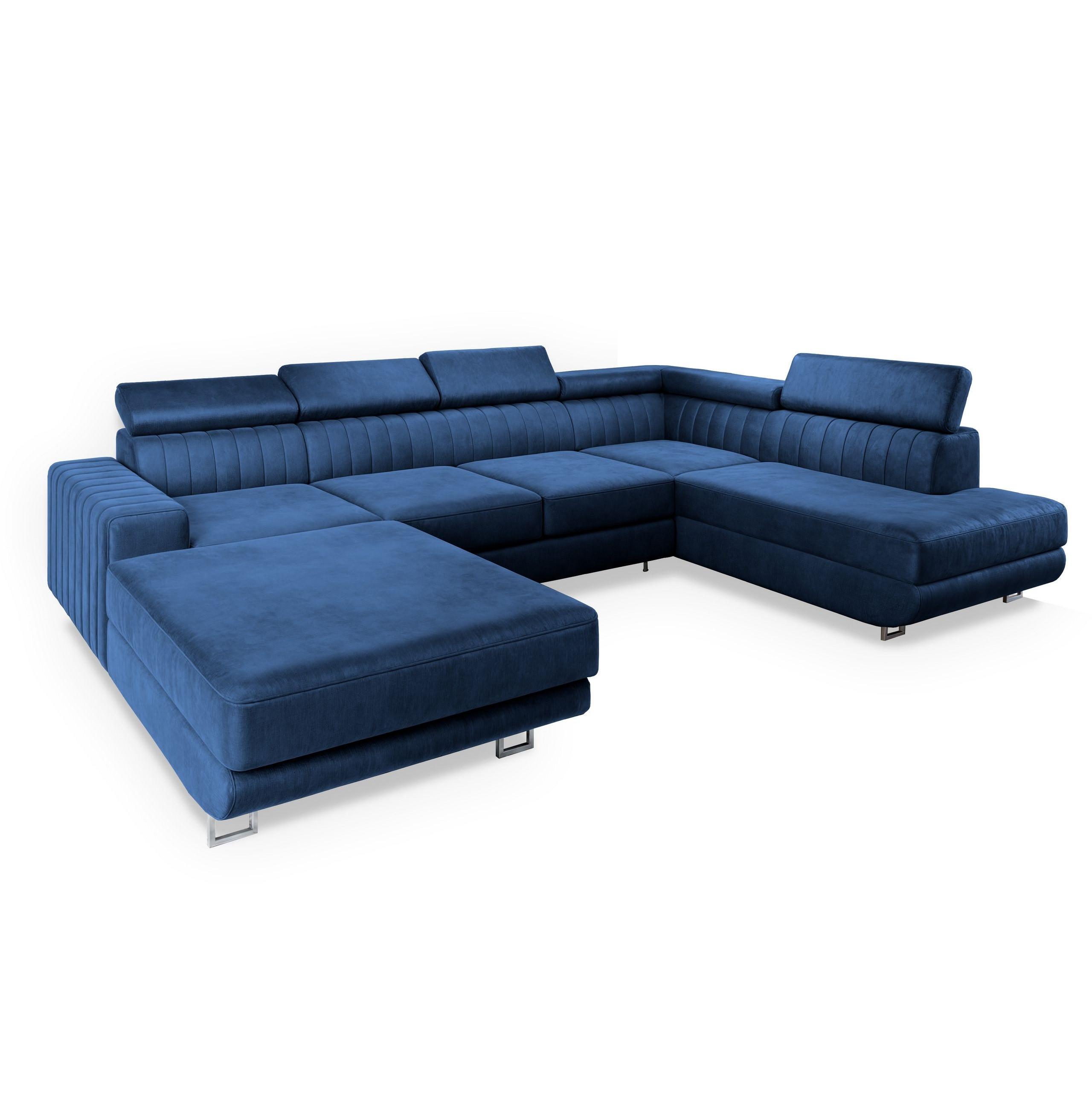 WOHNLANDSCHAFT SIENA R-S Blau Velours-Stoff mit Schlaffunktion - Blau/Silberfarben, Holz/Textil (335/89/190cm) - MASSENO