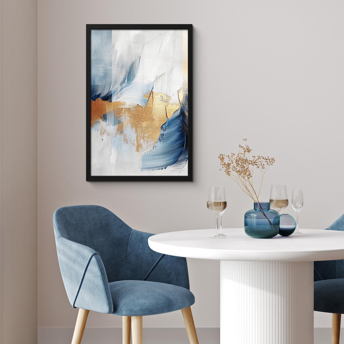 POSTER MIT RAHMEN Gold - Blau - Aquarell - Kunst - Modern Bilder mit Rahmen 40x60 cm - Hellblau, Papier (40/60cm) - MuchoWow