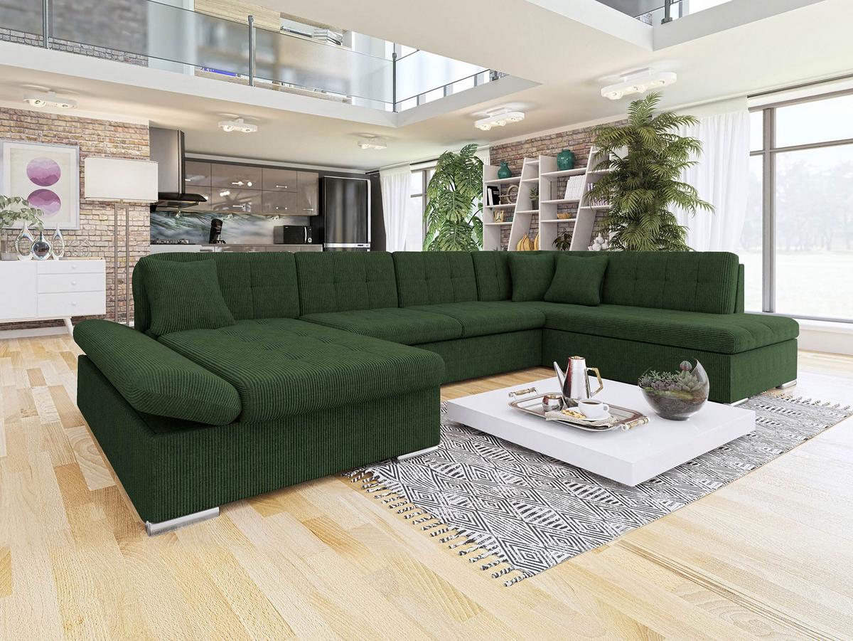 WOHNLANDSCHAFT Bergen Cord, Seite: Links - Dunkelgrün/Silberfarben, Holz/Textil (345/76/205cm) - MIRJAN24