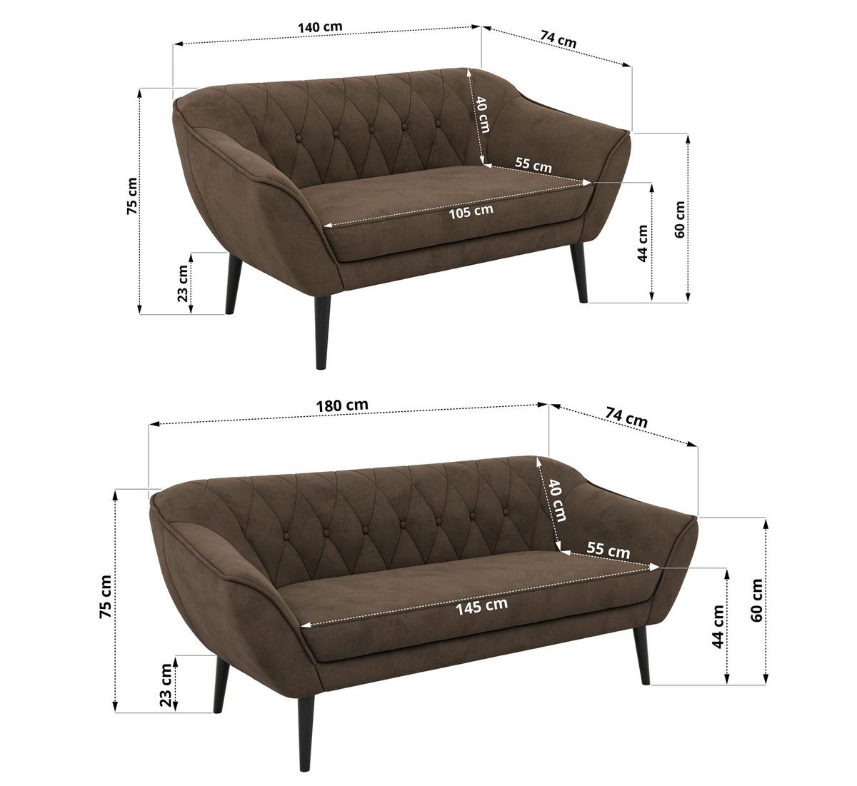 SITZGARNITUR PIRS 3+2 - Braun Velvet - Schwarze Beine - Dunkelbraun/Schwarz, Holzwerkstoff/Textil (180/75/74cm) - MKS