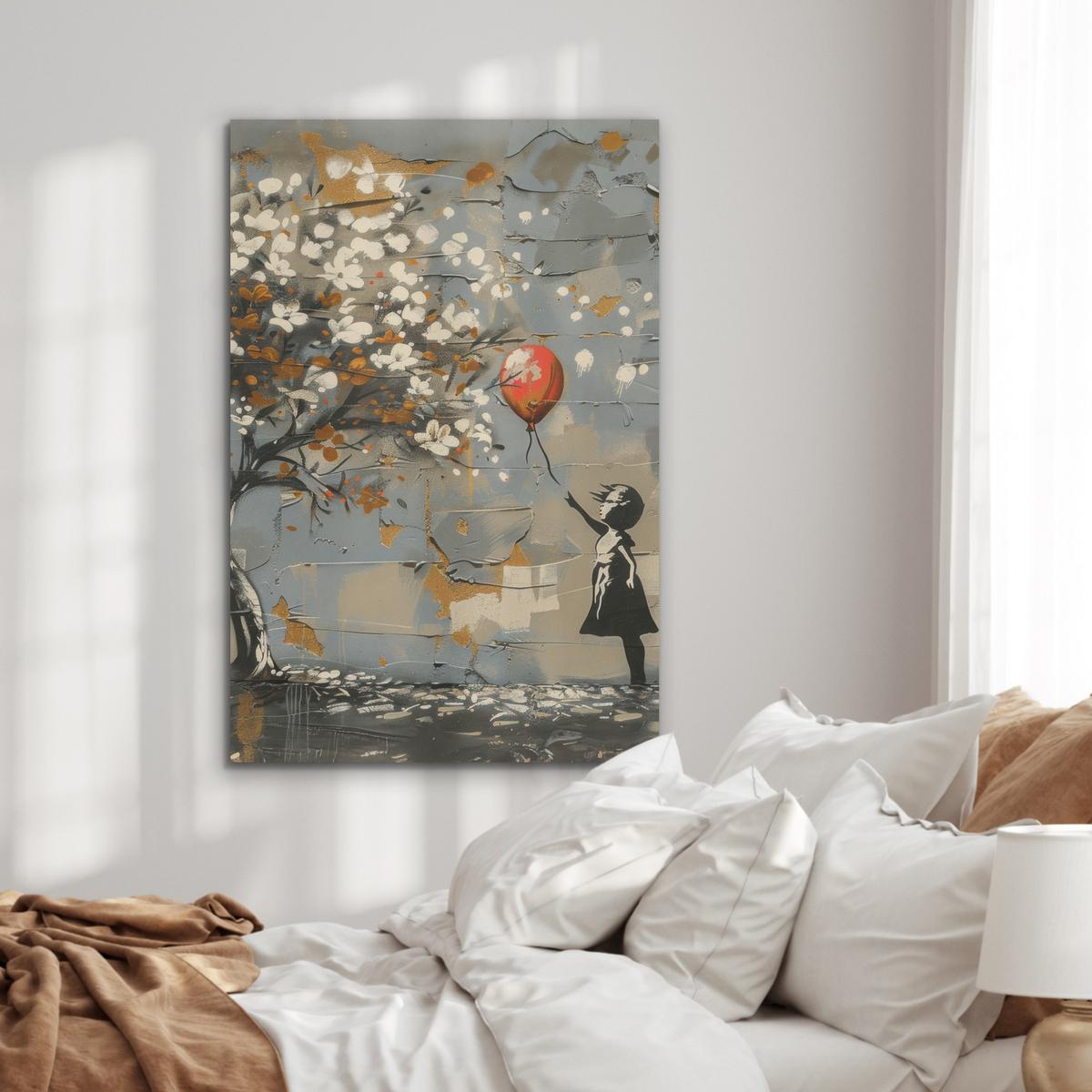AKUSTIKBILD Baum - Graffiti - Banksy-Stil - Ballon-Mädchen Wanddeko 60x90 cm - Blaugrau, Kunststoff (60/90/0.9cm) - MuchoWow