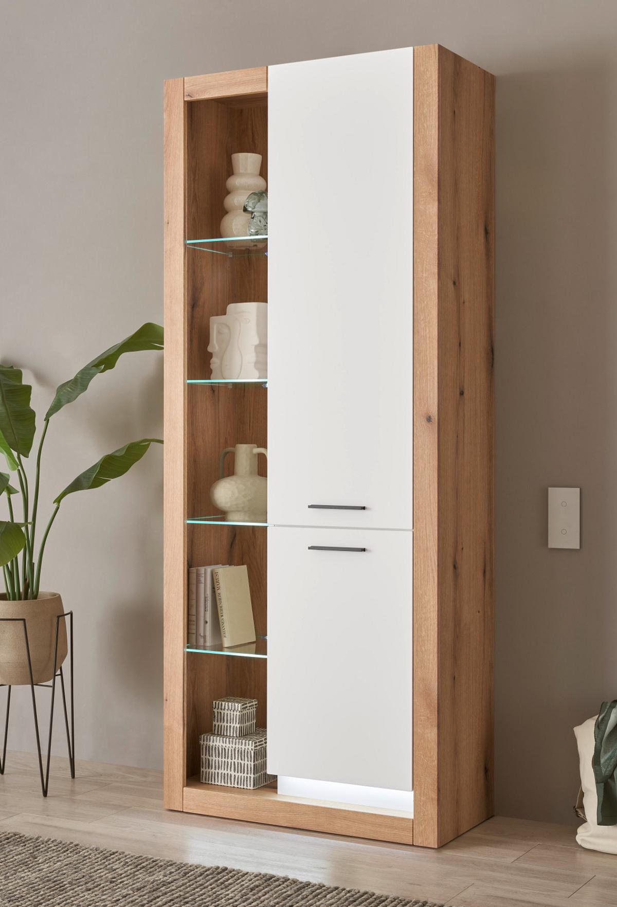 VITRINE weiß matt, Evoke Eiche, Vitrinenschrank 80 x 195 cm - Eichefarben/Silberfarben, Glas/Holzwerkstoff (80/195/37cm) - Furn.Design