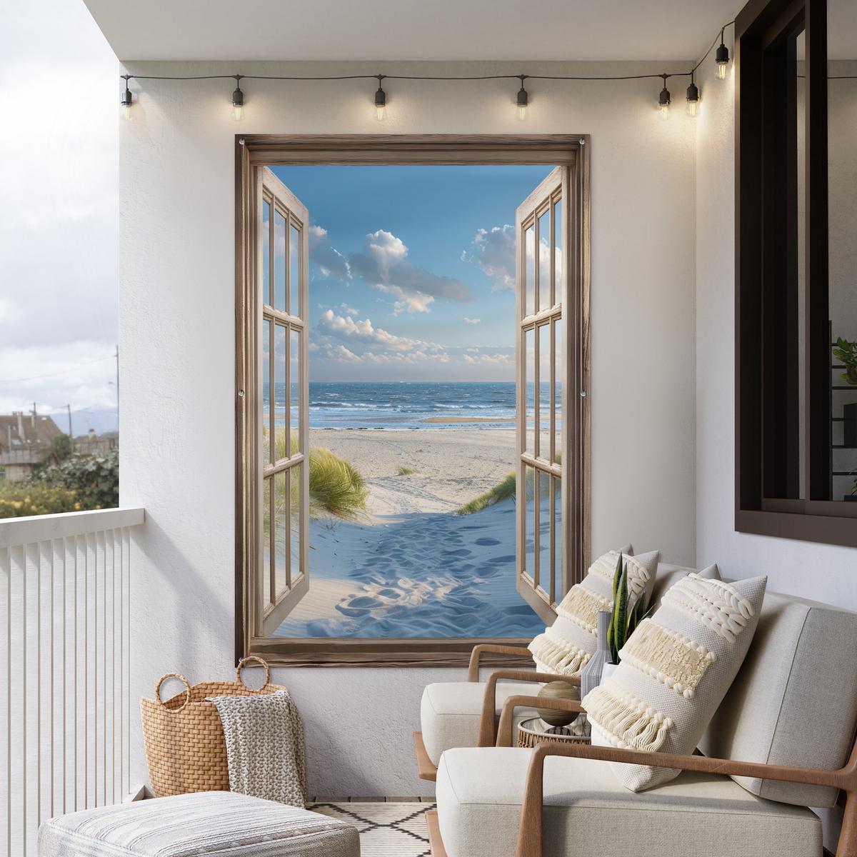 GARTENPOSTER Aussicht - Strand - Fenster - Dünen - Meer Bild 120x180 cm - Hellblau, Kunststoff (120/180/0.2cm) - OnlyWow