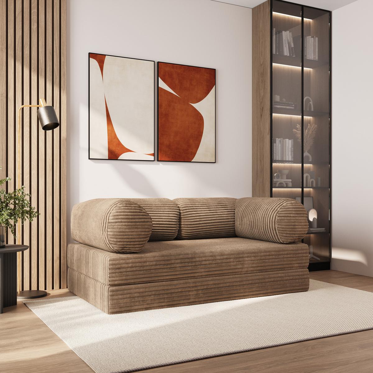 BETTSOFA ALVIO aus Schaumstoff Cordstoff Beige Schlaffunktion - Beige, Textil (170/68/80cm) - MASSENO