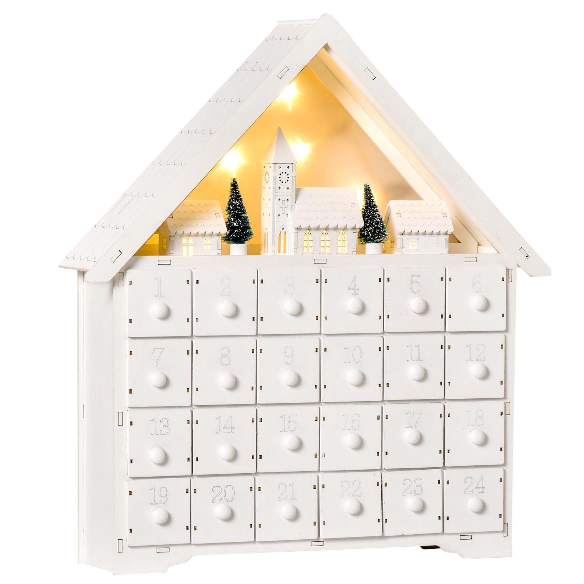 ADVENTSKALENDER Weihnachtskalender 24 Schubladen mit LED 2-in-1-Design - Weiß, Holz (9/42/39cm) - HOMCOM