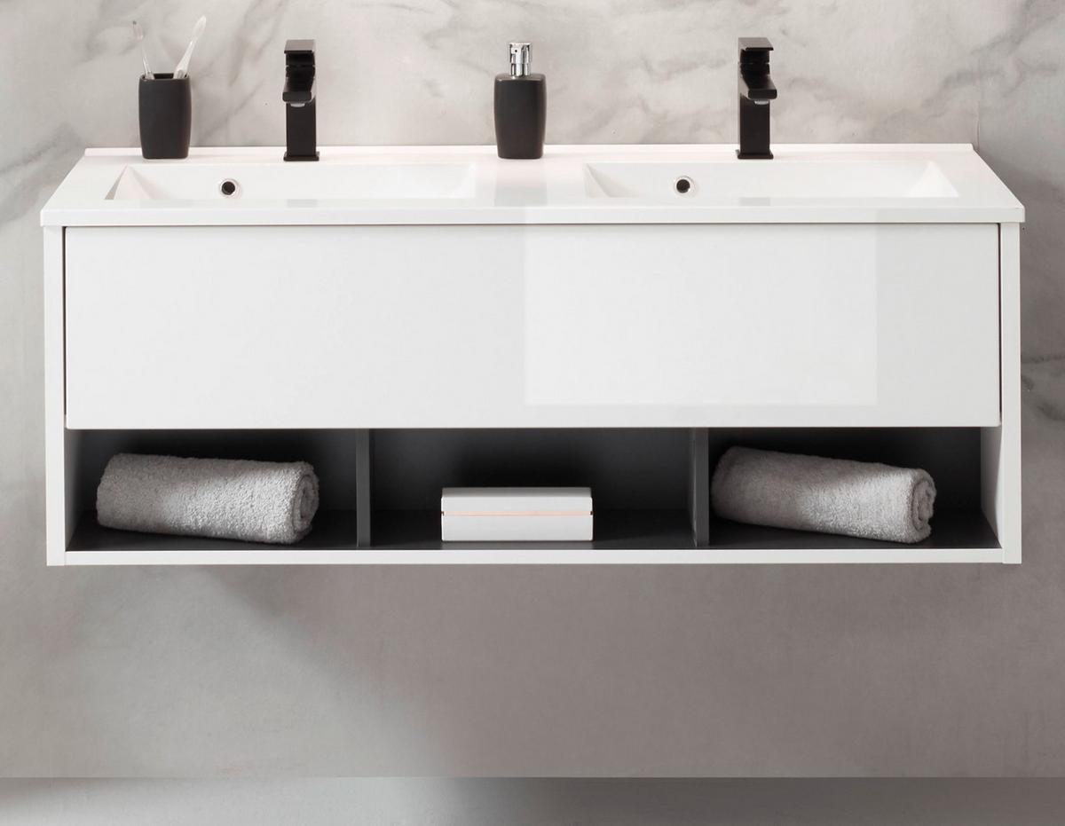 WASCHBECKENUNTERSCHRANK mit Doppelwaschbecken weiß Hochglanz, grau 120 cm - Weiß Hochglanz/Grau, Holzwerkstoff/Metall (120/44/47cm) - Furn.Design