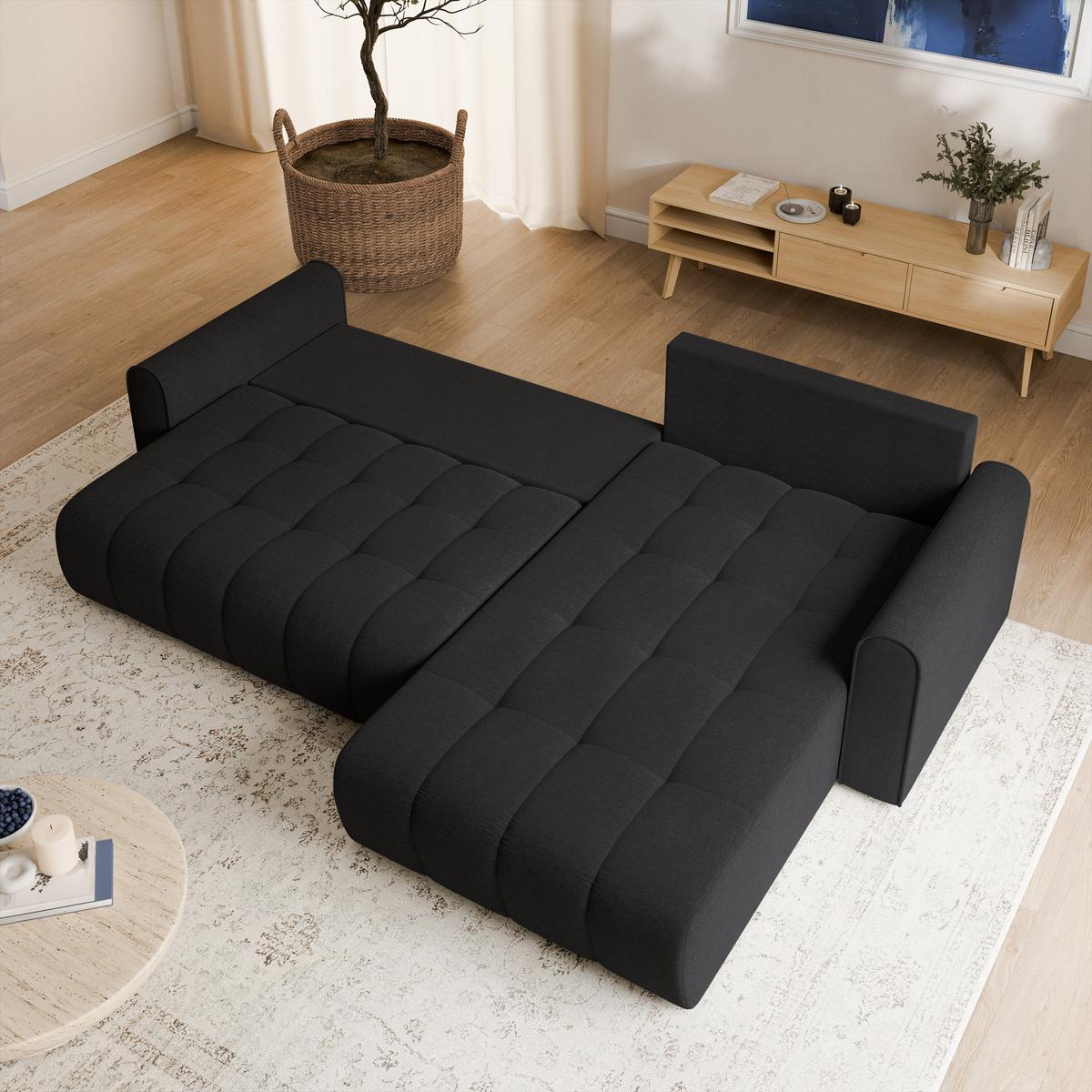 ECKSOFA FRIGA Schwarz Strukturstoff mit Schlaffunktion - Schwarz, Holz (283/185cm) - MASSENO