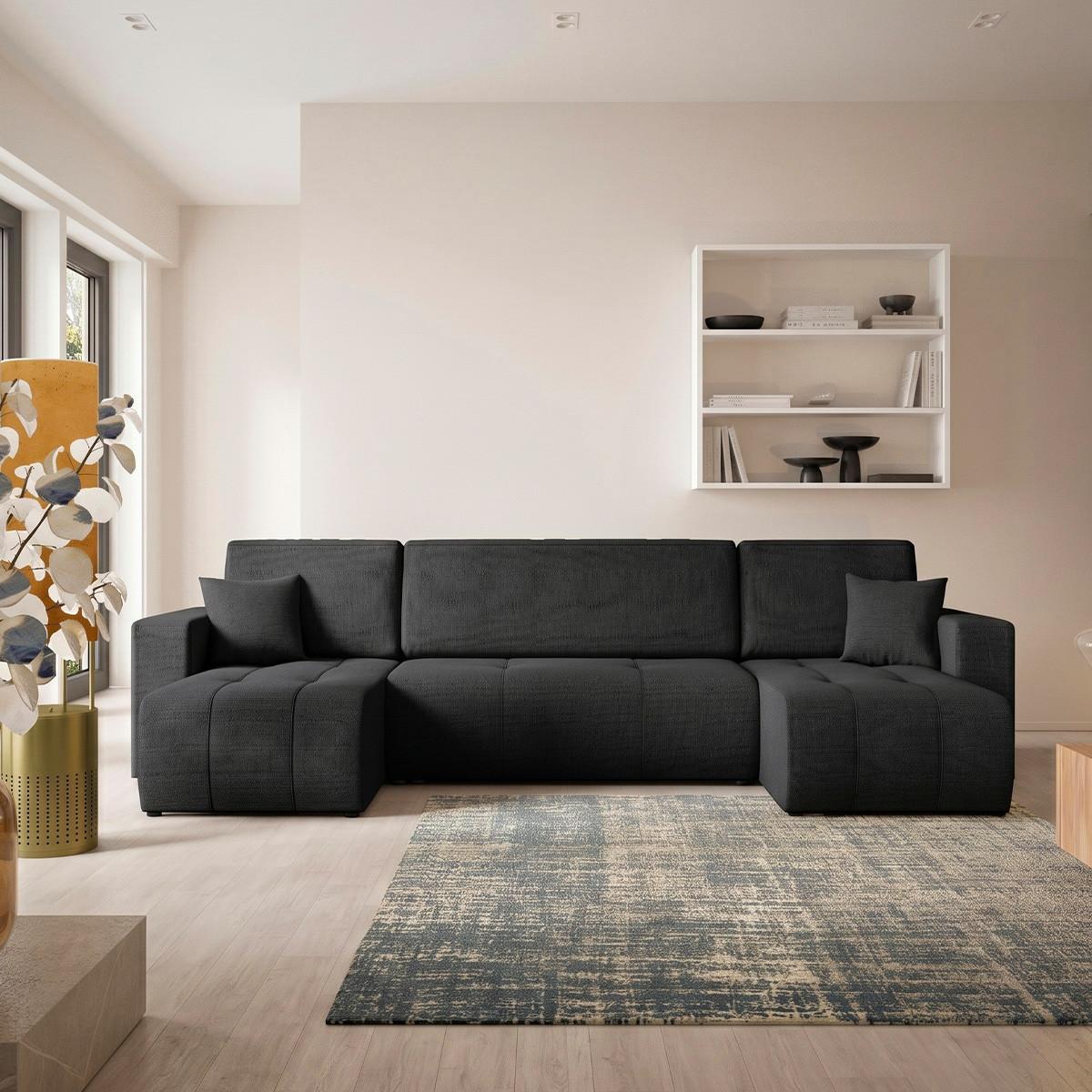 PANORAMASOFA Vasco 5 Sitzplätze Schwarz - Schwarz, Holz (318/88/145cm) - Petits-meubles