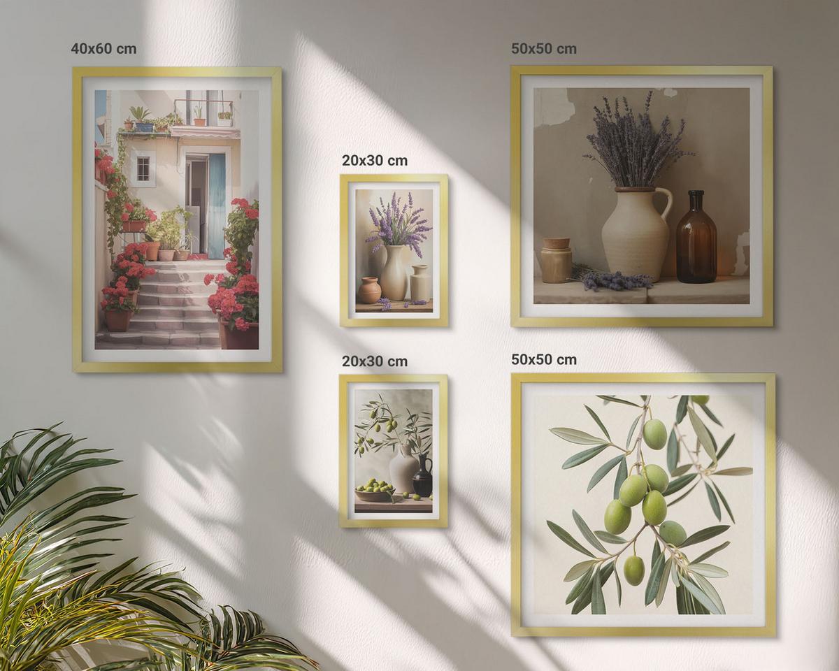 BILDER SET 5er Set - 50x50 cm & 20x30 cm & 40x60 cm Goldrahmen - Oliven in Keramikgrau - Goldfarben, Kunststoff (40/60cm) - TULUP