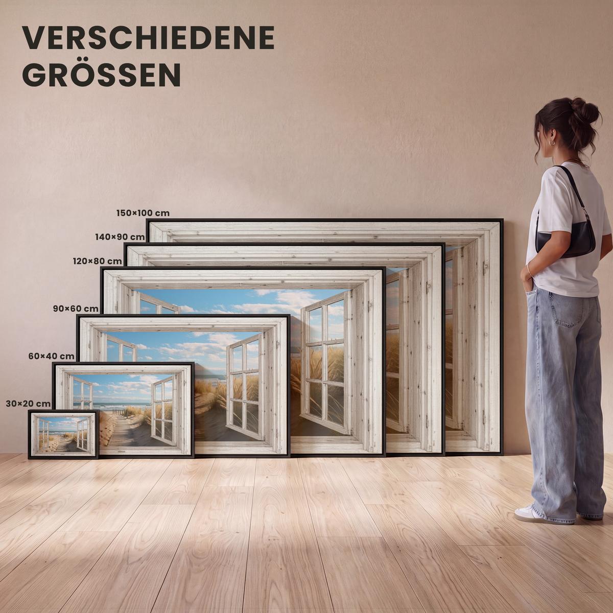 LEINWAND Bilder mit Rahmen - Fenster - Meer - Küste - Natur - Ausblick - Strand - Wattenmeer - 120x80 - Beige, Textil (120/80cm) - MuchoWow