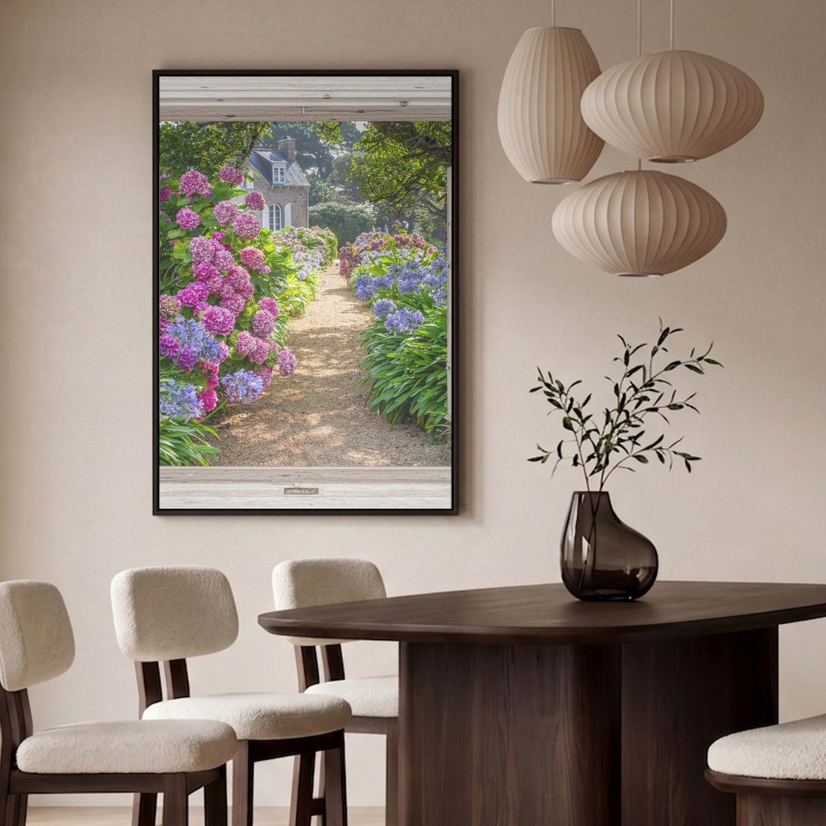 LEINWAND Bilder mit Rahmen - Hortensie - Durchsichtig - Blumen - Sommer - Lila - Weg - 80x120 - Lila, Textil (80/120cm) - MuchoWow
