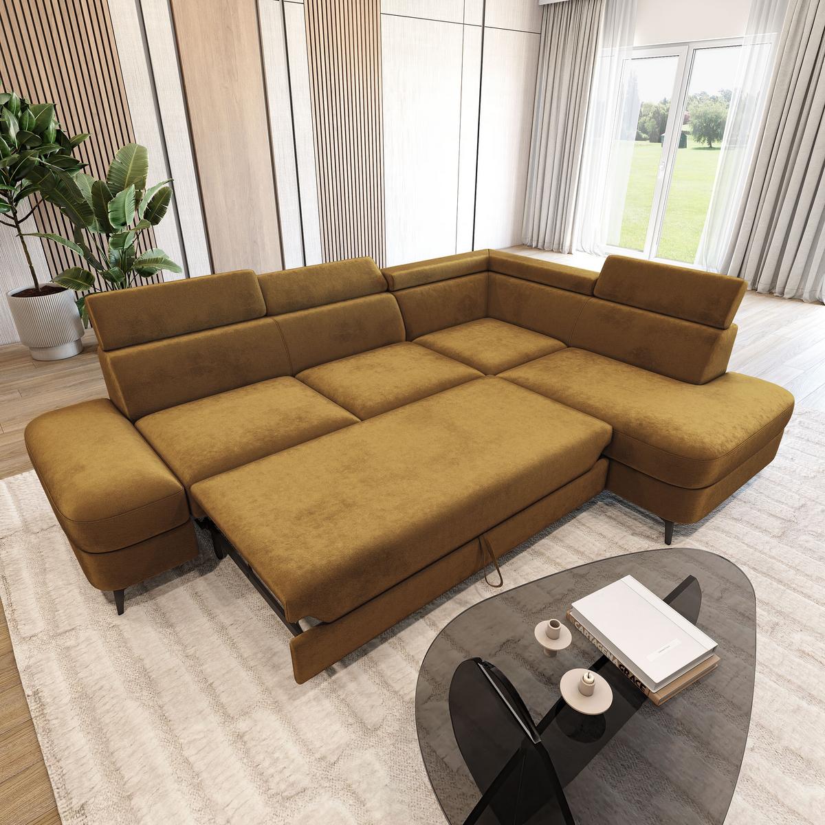 ECKSOFA AVISE M R-S Gelb Velours-Stoff mit Schlaffunktion - Gelb, Holzwerkstoff/Textil (268/195cm) - MASSENO