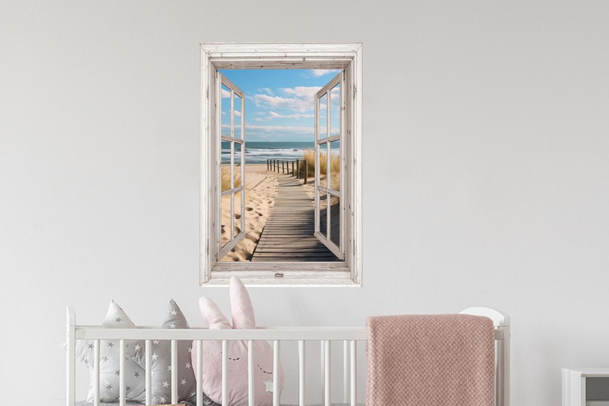 WANDTATTOO Fenster - Meer - Küste - Natur - Ausblick - Strand - Wattenmeer Wandbild 40x60 cm - Beige, Kunststoff (40/60/0.1cm) - MuchoWow