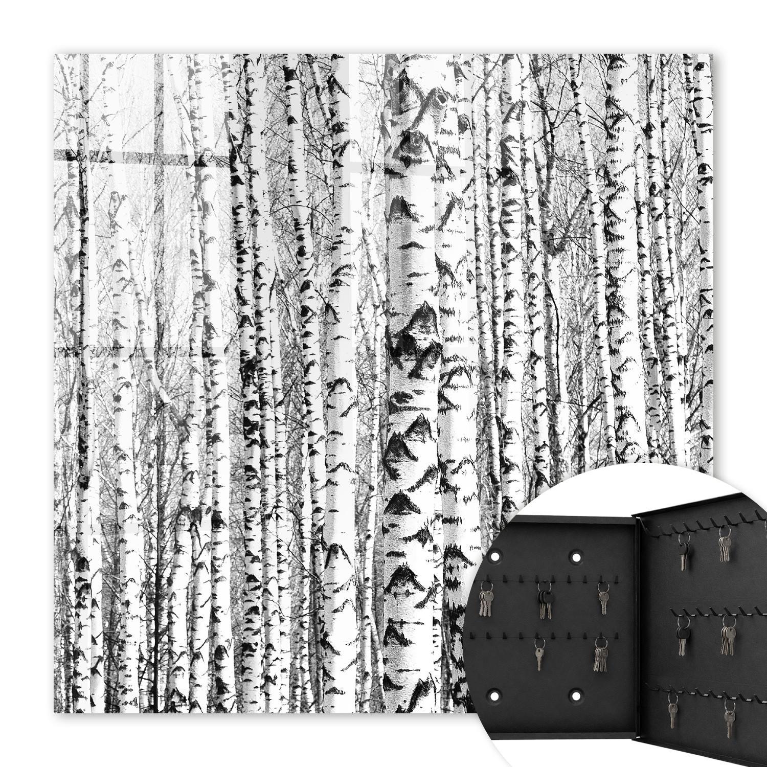 SCHLÜSSELBOX Schwarz 30x30 cm- Türöffnung nach rechts - Birkenwald - Weiß, Metall (30/30/5cm) - TULUP