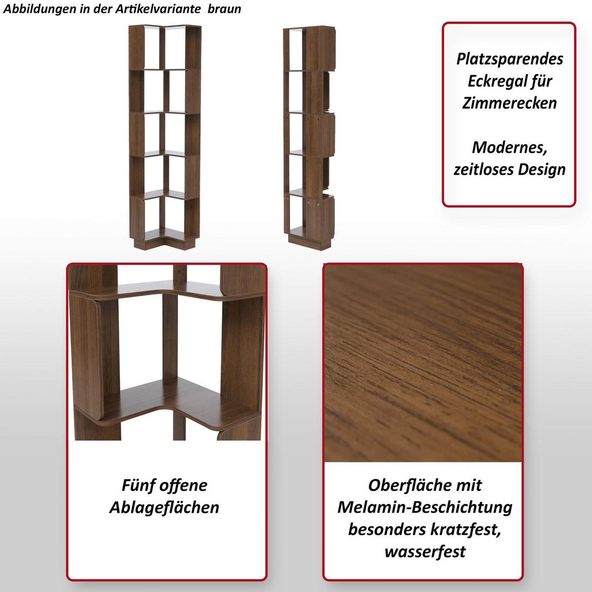 ECK-BÜCHERREGAL Walnuss Dekor - Walnussfarben, Holz (40/175/40cm) - MCW