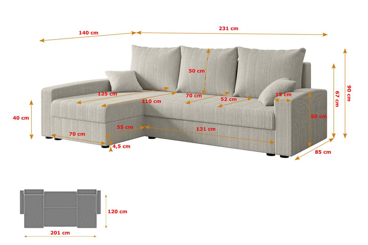 ECKSOFA mit Schlaffunktion und Bettkasten ALESIA-L 231x140x90 cm Creme Cord - Silberfarben/Hellgrau, Holzwerkstoff/Kunststoff (231/140cm) - ALTDECOR
