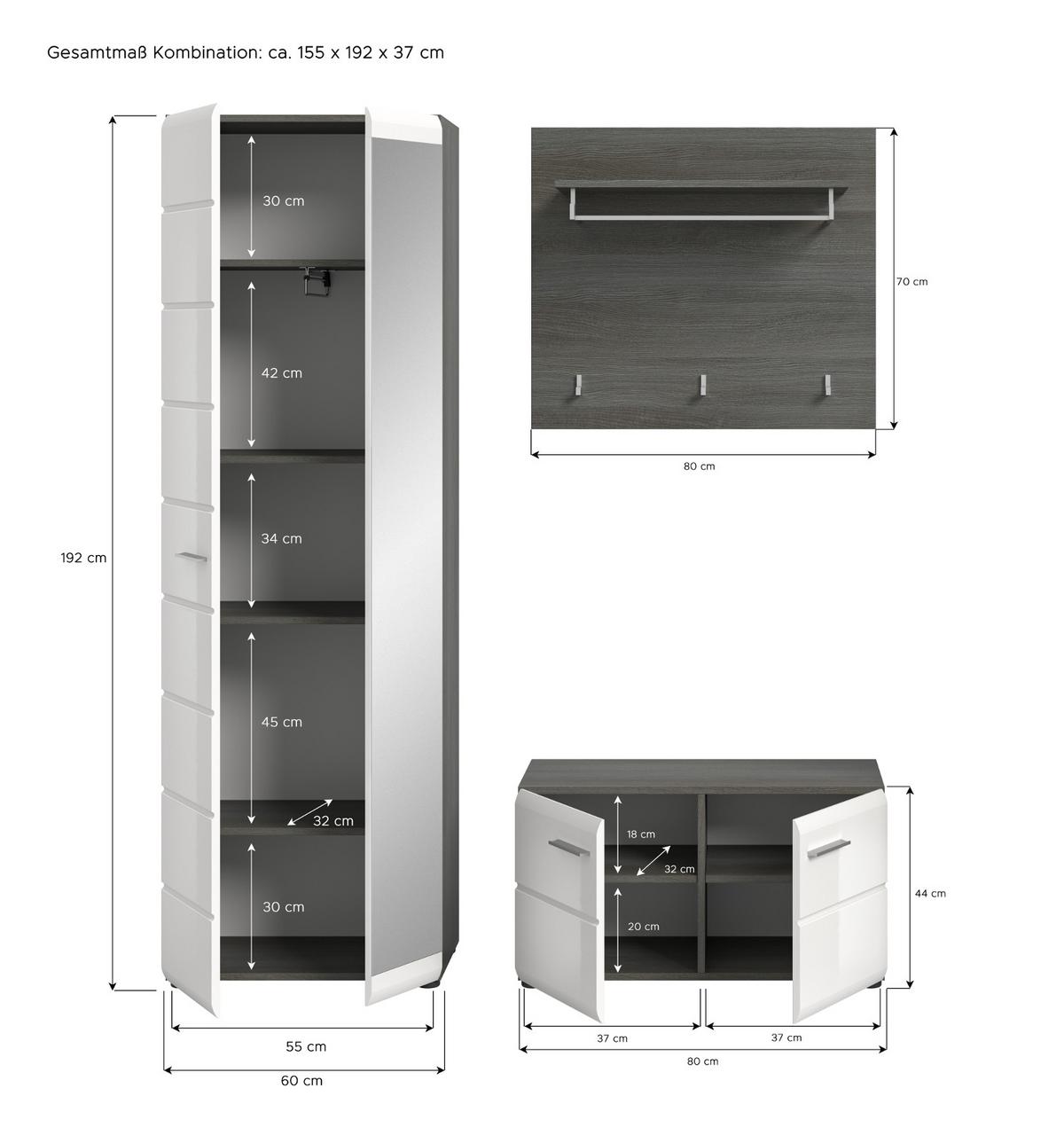 GARDEROBE Set 3-teilig weiß Hochglanz, grau 155 cm, Komplettset mit viel Stauraum - Weiß Hochglanz/Silberfarben, Glas/Holzwerkstoff (155/192/37cm) - Inn.Furn