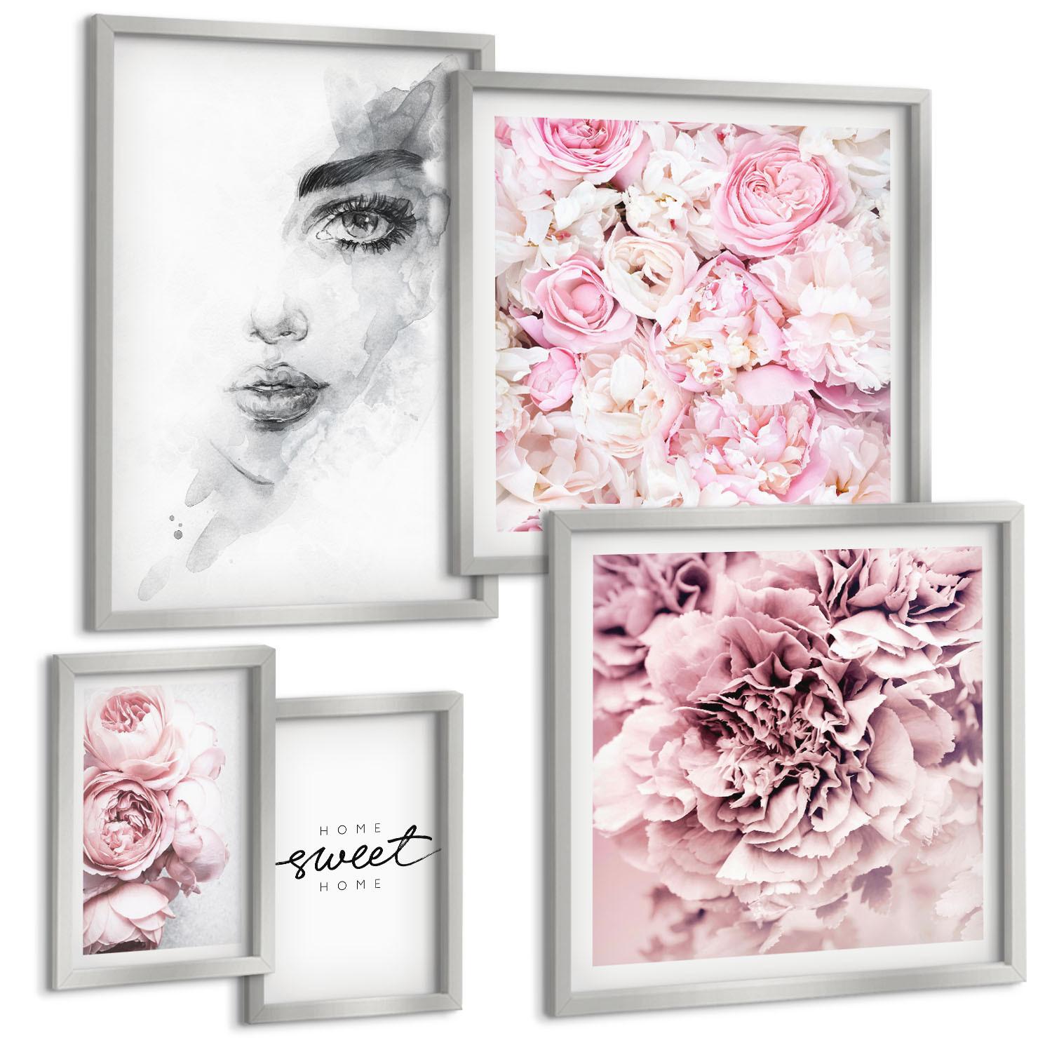 BILDER SET 5er Set - 50x50 cm & 20x30 cm & 40x60 cm Silberner Rahmen - Pfingstrosenporträt einer Frau zu Hause - Silberfarben, Kunststoff (40/60cm) - TULUP