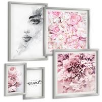 BILDER SET 5er Set - 50x50 cm & 20x30 cm & 40x60 cm Silberner Rahmen - Pfingstrosenporträt einer Frau zu Hause - Silberfarben, Kunststoff (40/60cm) - TULUP