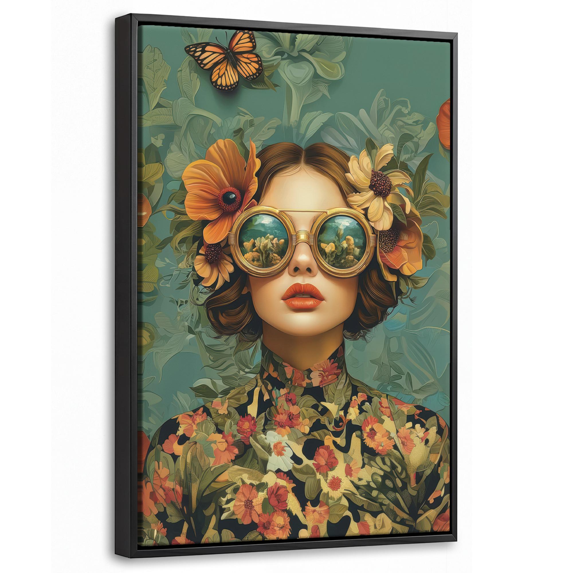 LEINWAND Bilder mit Rahmen - Frau - Blumen - Schmetterlinge - Natur - Vintage - 40x60 - Salbeigrün, Textil (40/60cm) - MuchoWow