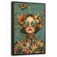 LEINWAND Bilder mit Rahmen - Frau - Blumen - Schmetterlinge - Natur - Vintage - 40x60 - Salbeigrün, Textil (40/60cm) - MuchoWow