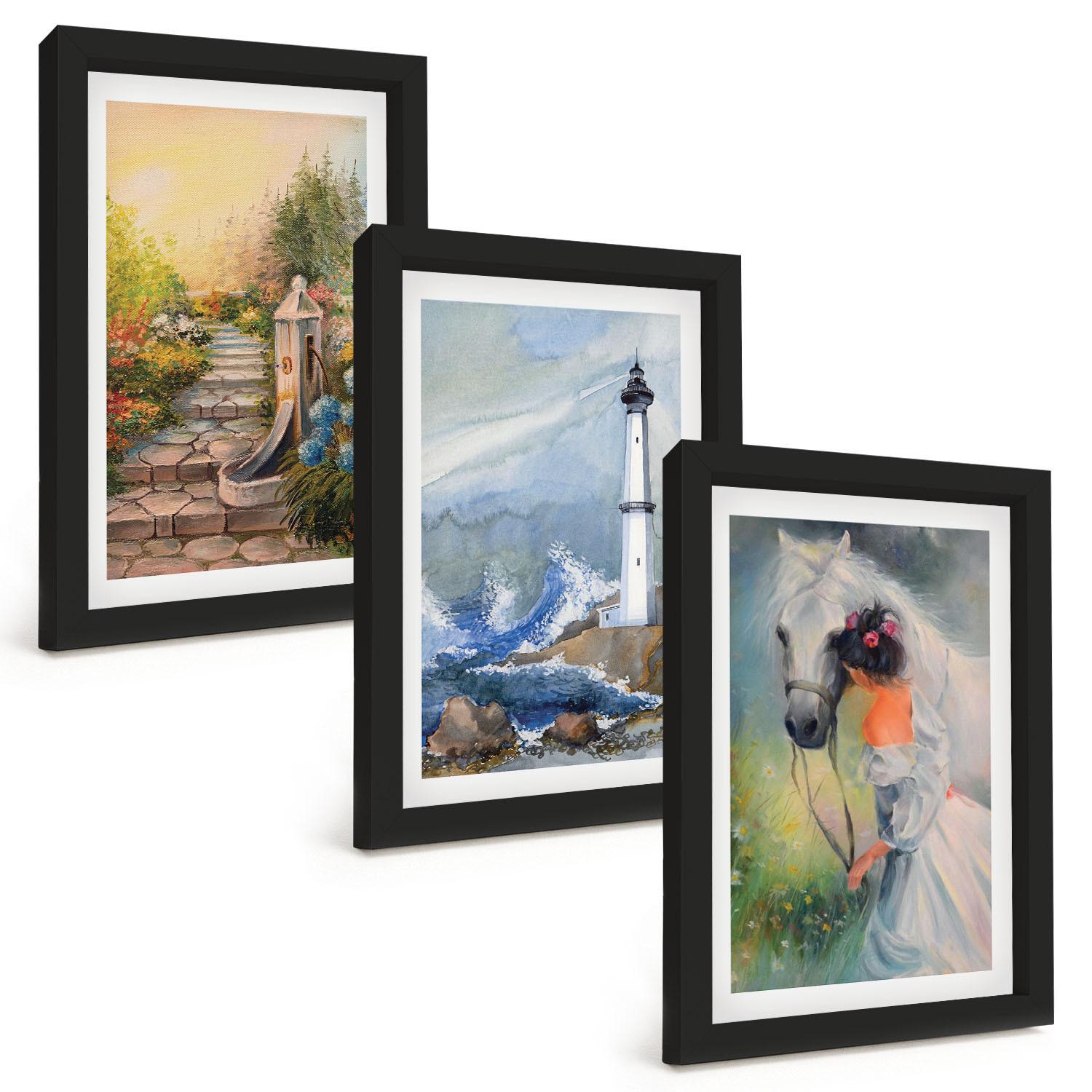 BILDER SET 3er Set - 20x30 cm Schwarzer Rahmen - Landschaft Leuchtturm Pferd Mädchen - Schwarz, Kunststoff (20/30cm) - TULUP