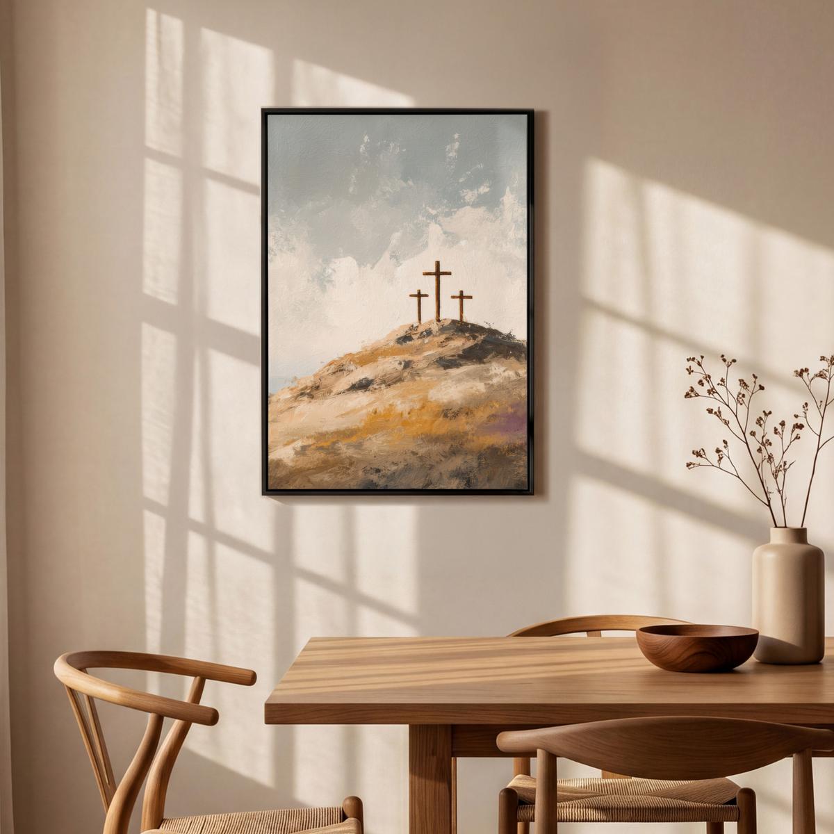 LEINWAND Bilder mit Rahmen - Hügel - Abstrakt - Christentum - Kreuz - 60x90 - Hellgrau, Textil (60/90cm) - MuchoWow