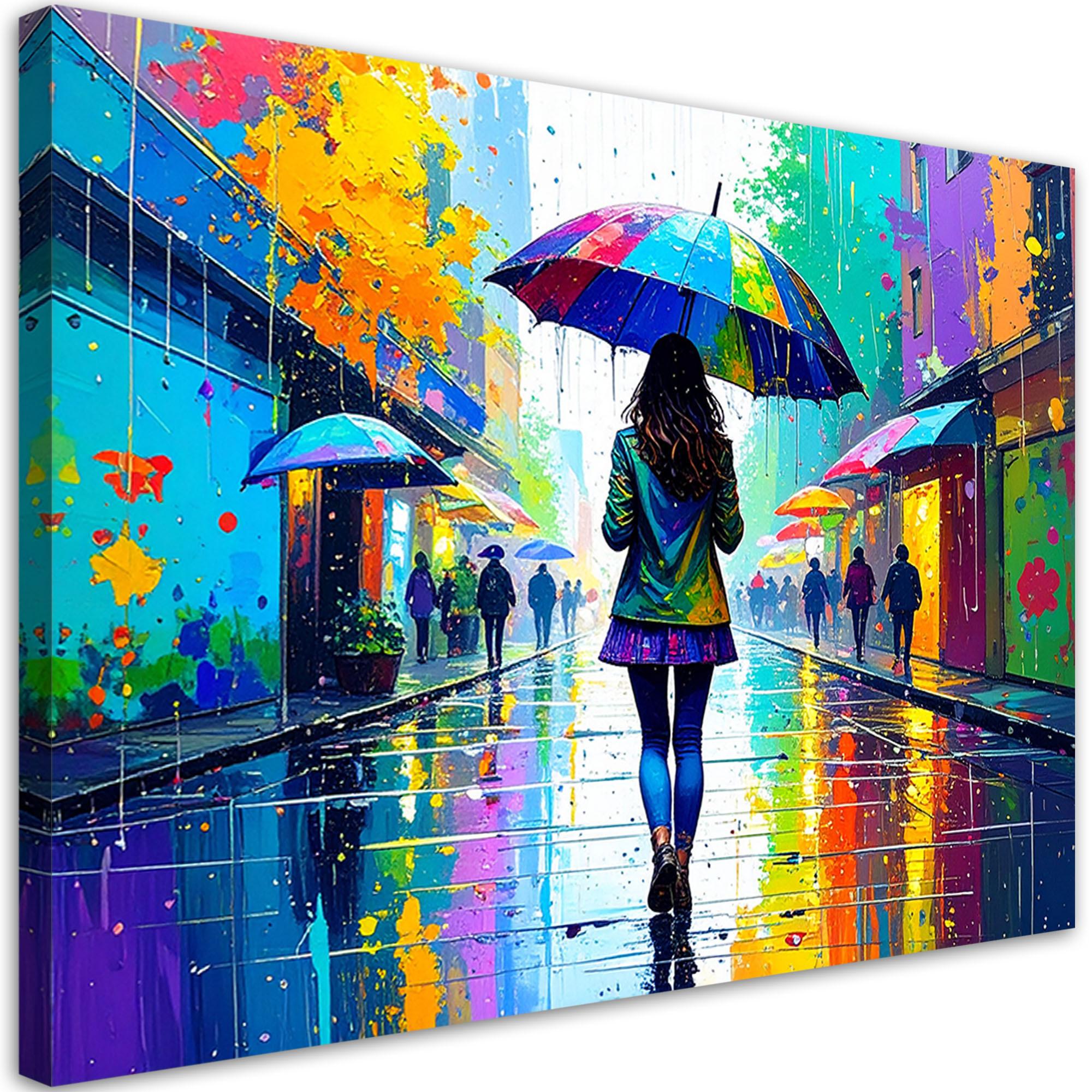 LEINWANDBILD Mädchen mit Regenschirm Street Art 100x70cm - Multicolor, Textil (100/70cm) - Feeby
