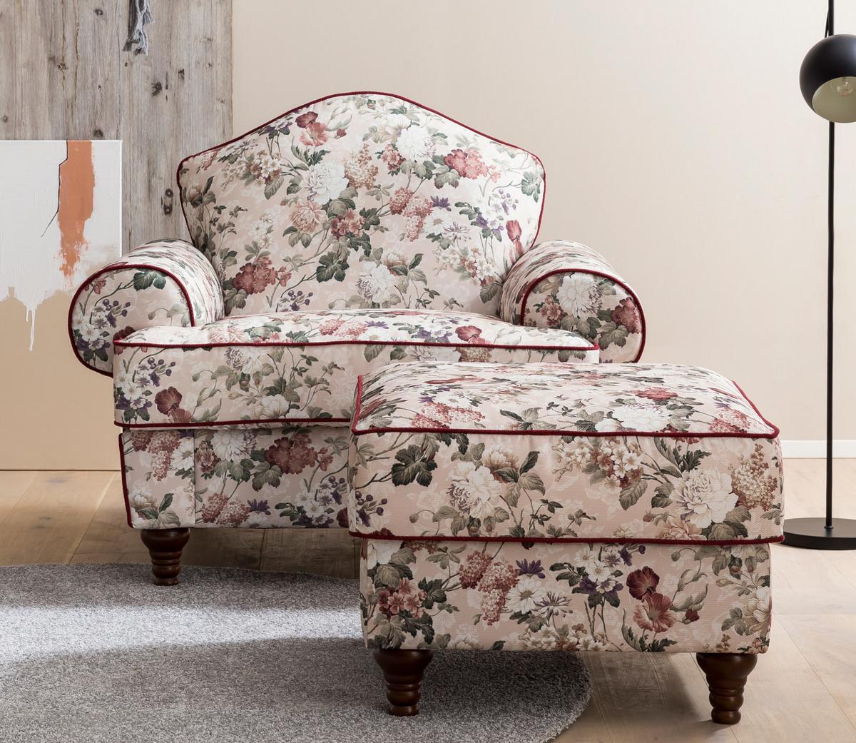 SESSEL SET 2-teilig creme Landhaus, Blumen Design 110 cm, Kombination mit Hocker - Rot/Multicolor, Holz/Textil (110/96/155cm) - Furn.Design