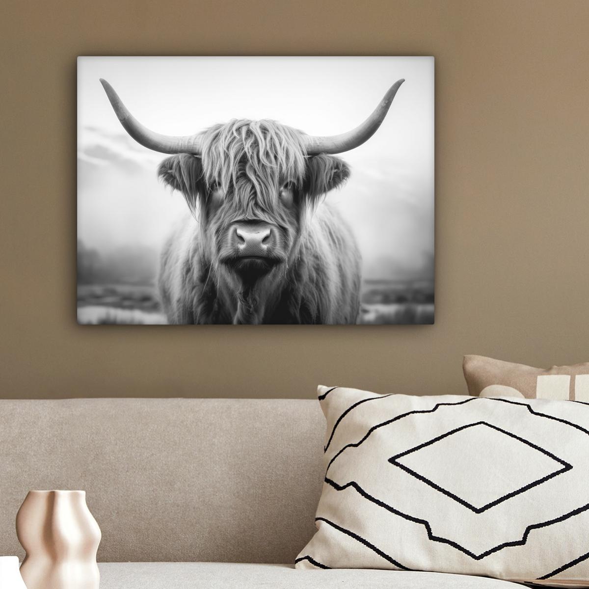 LEINWANDBILD Schottischer Highlander - Nebel - Schwarz - Weiß Wandbild 40x30 cm - Grau, Textil (40/30cm) - MuchoWow