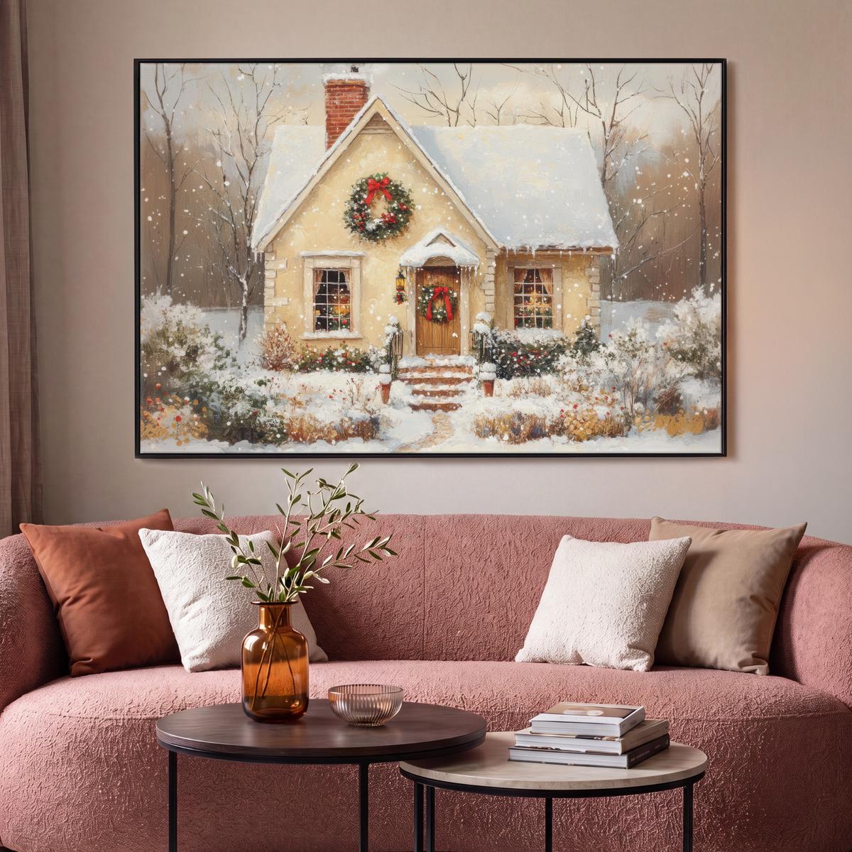 LEINWAND Bilder mit Rahmen - Weihnachten - Zuhause - Winter - Schnee - 120x80 - Creme, Textil (120/80cm) - MuchoWow