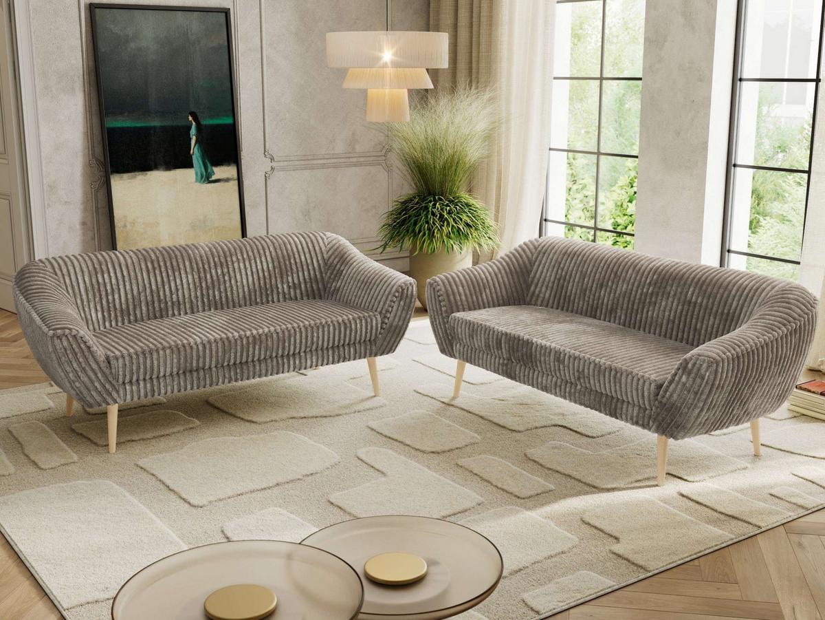 SITZGARNITUR PIRS 3+3 - Hellbraun Cord - Holzbeine - Hellbraun/Buchefarben, Holzwerkstoff/Textil (180/75/74cm) - MKS