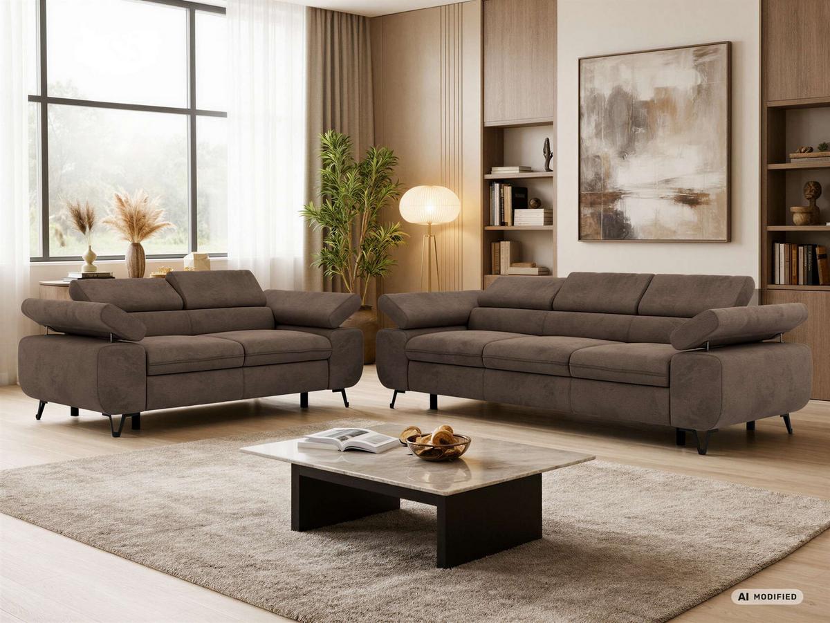 SITZGARNITUR PETER 2+3 - Braun Velvet - Schwarz/Braun, Textil/Metall (262/76/99cm) - MKS