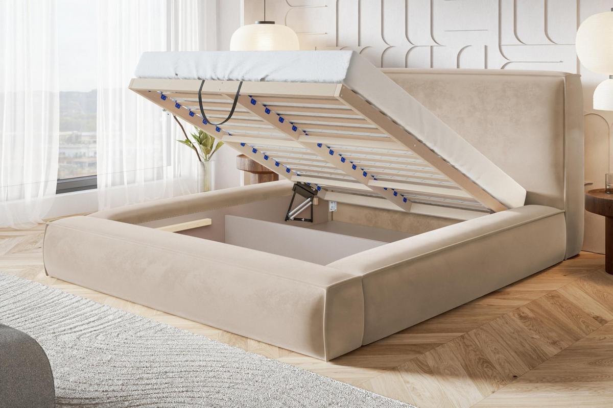 BETT 120x200 - Polsterbett mit Bettkasten und Holzrahmen - Modern Bett - Eleganter Catch-Me-Stoff - Kollektion Luna Maxi - Weiß - Weiß, Holz/Textil (120/200cm) - Alpi-Möbel