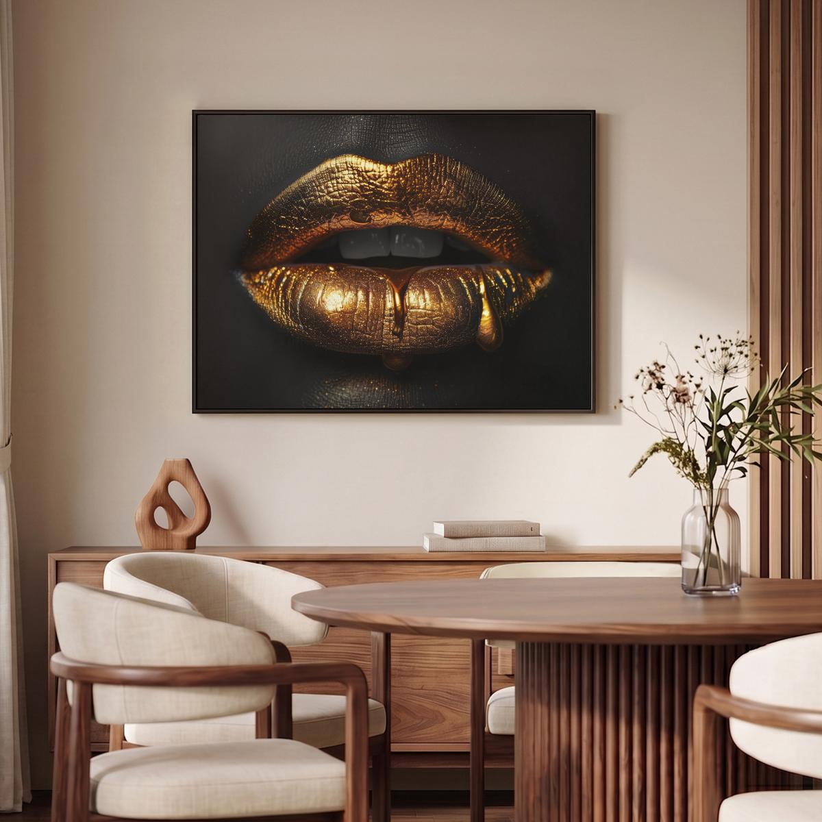 LEINWAND Bilder mit Rahmen - Frau - Porträt - Lippen - Gold - Schwarz - 100x70 - Schwarz, Textil (100/70cm) - MuchoWow
